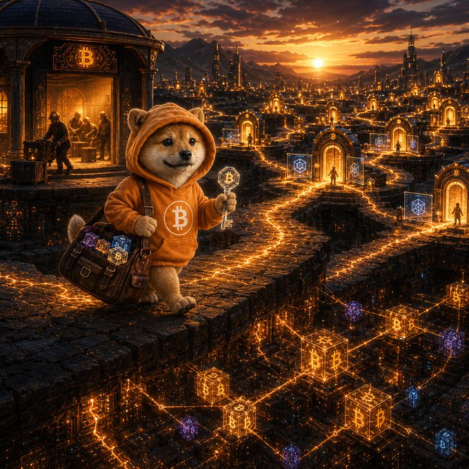 A fantasy digital artwork depicting a Shiba Inu dog wearing an orange Bitcoin hoodie, holding a glowing crypto key, with a bag of gems, standing in a surreal landscape filled with Bitcoin symbols and crystal cubes at sunset.