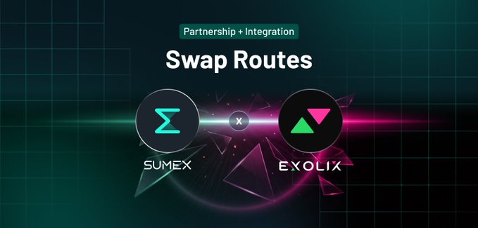 The image displays two apps - Sumex and Exolix - featured against a gradient background. A caption below the app icons indicates they both offer "Swap Routes" functionality, which allows users to efficiently manage multiple applications simultaneously on their device or exchange virtual currency with ease. The text emphasizes the benefits of using these apps for increased access to different sources of funds and better execution capabilities in the crypto world.