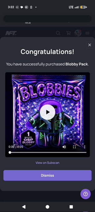 A mobile screenshot showing a 'Congratulations!' message for purchasing a 'Blobby Pack' NFT, featuring a purple cartoon character on a sparkly background.