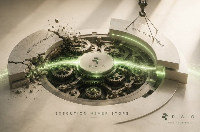 A promotional graphic for 'RIALO GAUSS MECHANISM' featuring mechanical gears and the tagline 'EXECUTION NEVER STOPS,' showing a transition from 'OLD CONSENSUS' to 'NEW CONSENSUS'.
