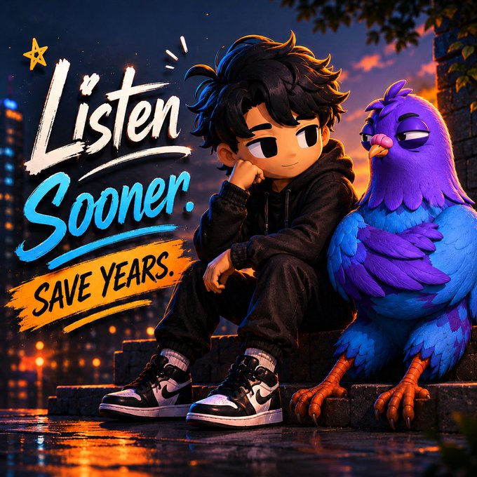 The image features a boy sitting next to a bird with an arrow pointing towards him. The text "Listen Sooner" is written above them, and there are two birds depicted - one blue and one purple. The background of the image shows a city skyline at night, creating a contrast between the urban setting and the peaceful interaction between the boy and the bird.