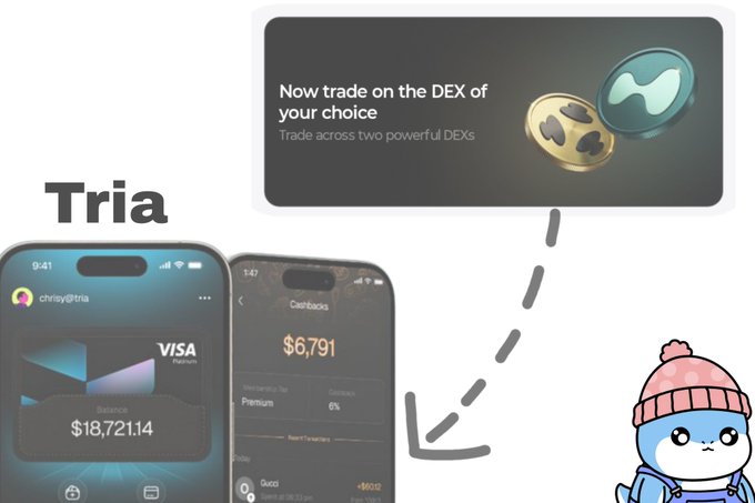 The image shows an advertisement for a cryptocurrency campaign, with two smartphones displayed side by side. On one smartphone, there's a screen displaying a trading app that offers users rewards for their transactions. A little character wearing a white hat appears to be promoting this cryptocurrency platform named Tria. The other smartphone displays the same reward system.