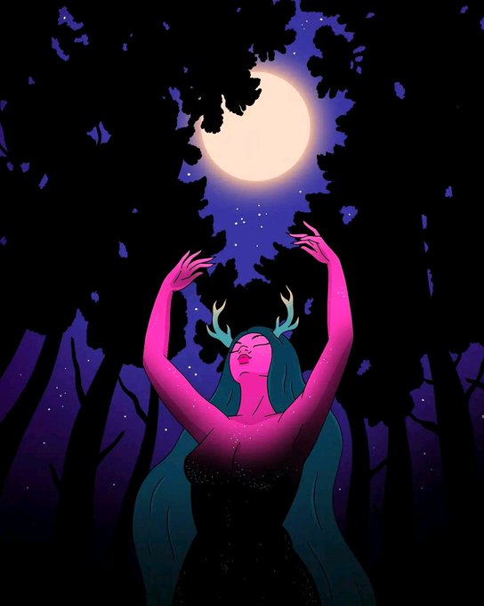 An illustration of a mystical woman with antlers and long teal hair, her arms raised toward a glowing full moon in a starry night sky framed by silhouetted trees, her skin bathed in pink light.