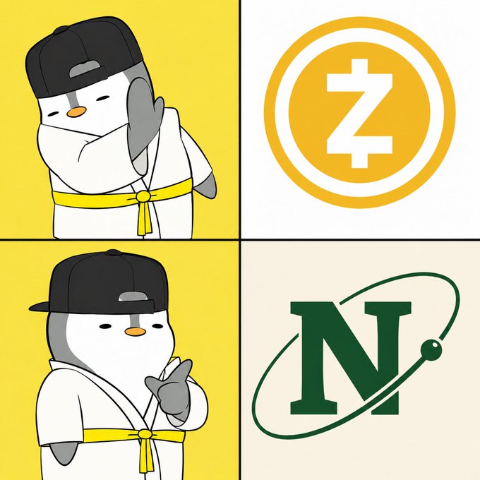 A four-panel cartoon meme featuring a penguin-like character in martial arts attire paired with cryptocurrency logos for Zcash (Z) and a green 'N' logo.
