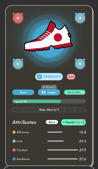 The image shows a phone screen displaying an app icon for a shoe-related game, with a white shoe and red sole. The background of the image is black, which contrasts with the white shoe and red sole. The text "stepn ソケット開封ジャパーン" suggests that this is a step-by-step guide or tutorial related to the app icon.