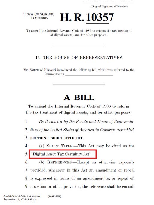 The image shows the first page of U.S. House Bill H.R. 10357 from the 119th Congress, introduced by Mr. Smith of Missouri, which would amend the Internal Revenue Code of 1986 to reform the tax treatment of digital assets. The highlighted text identifies it as the "Digital Asset Tax Certainty Act," directly corresponding to the accompanying post's description of the new crypto tax bill.