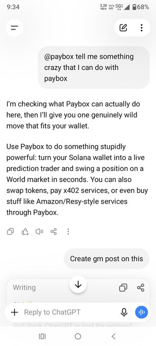 A mobile screenshot of a ChatGPT conversation where the user asks Paybox for a crazy thing to do, and the assistant suggests turning a Solana wallet into a live prediction trader for World Markets in seconds, including swapping tokens and paying x402 services.