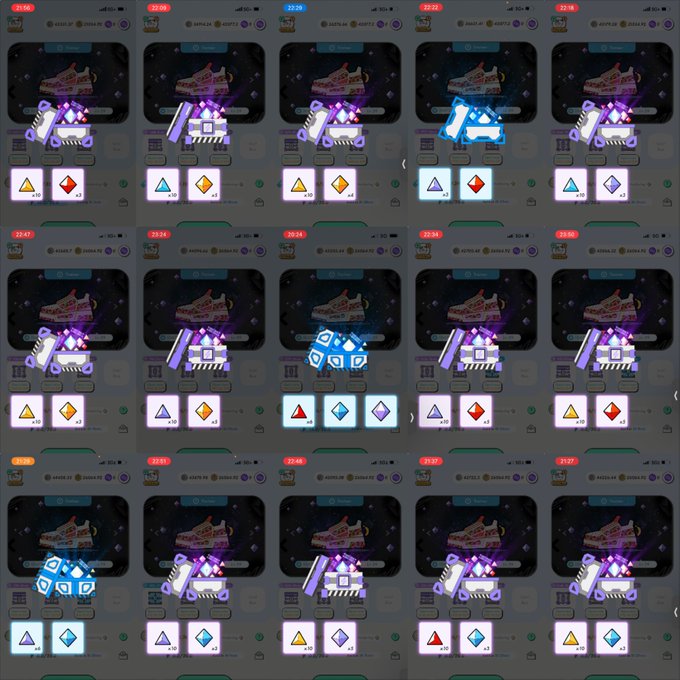 A grid of sneaker NFT digital lockers showing various colorful shoe designs in glass cubes with diamond and triangle rating icons.