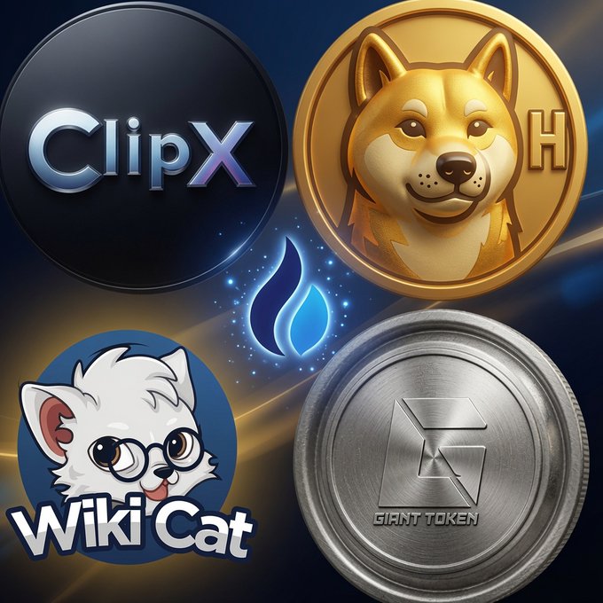 A digital graphic showcasing three cryptocurrency tokens/tokens: 'ClipX', a gold 'H' coin featuring a Shiba Inu dog, and a silver 'GIANT TOKEN' coin, along with a 'Wiki Cat' logo.