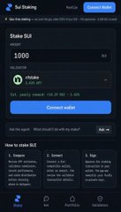 A screenshot of the Roqqu app's 'Buy Staking' page showing a Staking SLT balance of 1000 with a 'Connect wallet' button.