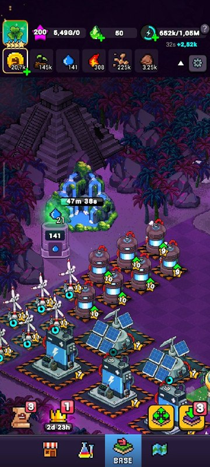A screenshot of a mobile strategy game featuring a tropical/jungle base with power plants, wind turbines, and resource counters showing 5,450/0 energy and 652k/1.06M currency.