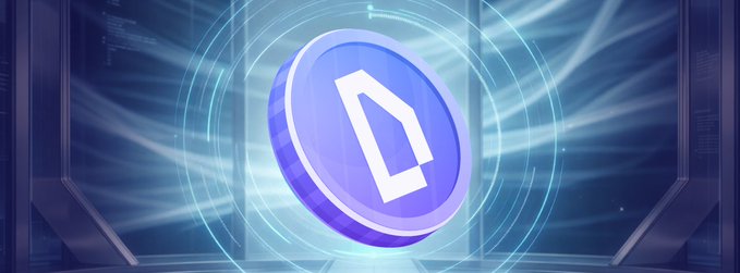 A digital illustration featuring a blue coin with a stylized 'D' logo in the center, surrounded by glowing concentric rings and abstract text on the sides.