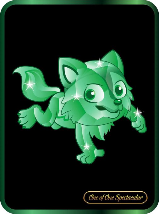 A digital illustration of a sparkling green gem-style cartoon dog running, with text reading 'One of One Spectacular' at the bottom.