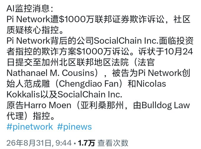 A Chinese-language AI monitoring message about Pi Network facing a $100 million federal securities fraud lawsuit. It mentions SocialChain Inc., founders Chengdiao Fan and Nicolas Kokkalis, plaintiff Harro Moen, and Bulldog Law, filed in the Northern District of California before Judge Nathanael M. Cousins.