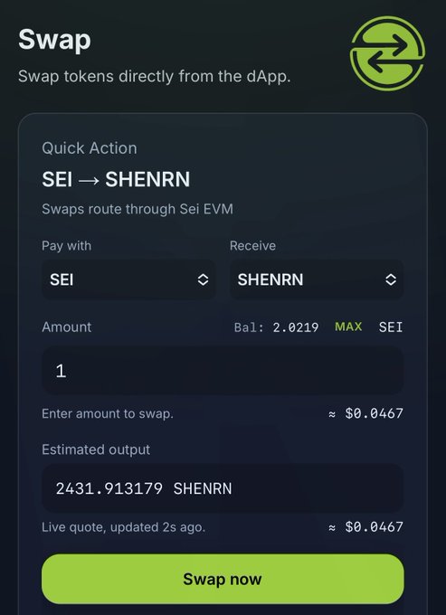 A dark-themed Swap interface on a dApp shows a Quick Action token exchange routing through Sei EVM, where 1 SEI is estimated to yield 2431.913179 SHENRN (~$0.0467), with a user balance of 2.0219 SEI. This visually reinforces the post's mention of swapping SEI into SHENRN as part of strategic positioning within the growing Sei ecosystem.