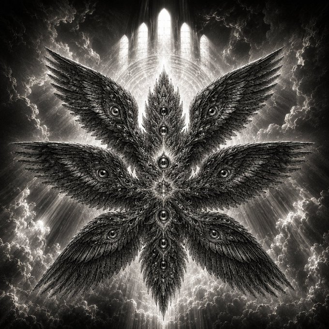 The image features a large black and white illustration of an angel with six wings spread out behind it. The angel's eyes are open, and its wings appear still. The background consists of clouds and a church spire, creating a sense of depth in the scene. The image is accompanied by a caption that reads "SERAPHIM has opened its wings. An ancient angelic form covered in eyes, stillness, and cloudlight Unreachable. Majestic."