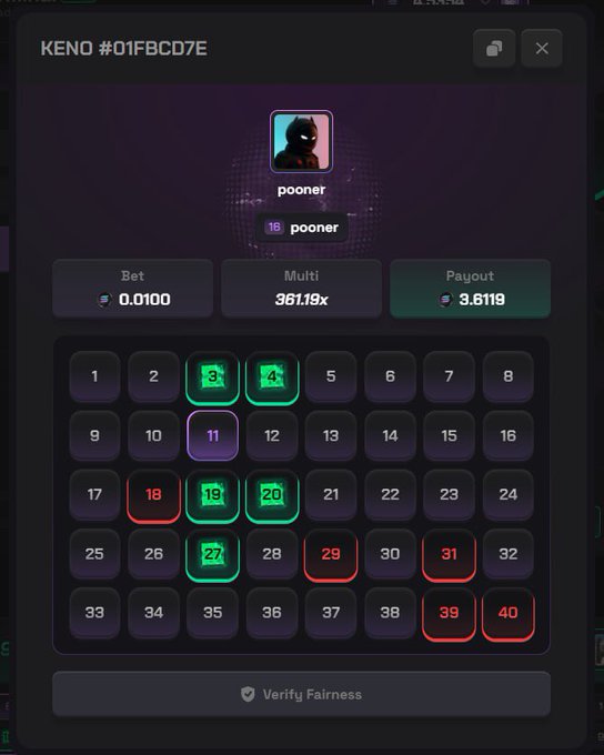 A KENO betting interface labeled "KENO #01FBC07E" displays a game in progress with a bet of 0.0100, a multiplier of 361.19x, and a payout of 3.6119 for player "pooner." The grid shows 16 selected numbers (3, 4, 11, 19, 20, 27 highlighted in green as hits, while 18, 29, 31, 39, 40 are marked in red as misses), illustrating the high-multiplier wins promoted in the Solpump KENO advertisement.