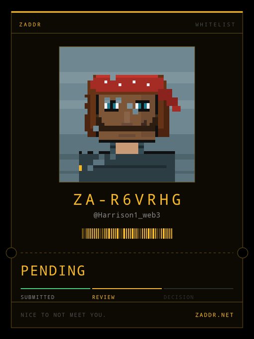 A pixel art character card on ZADDR for user @Harrison1_web3 with code ZA-R6VRHG, status PENDING in the Review stage.