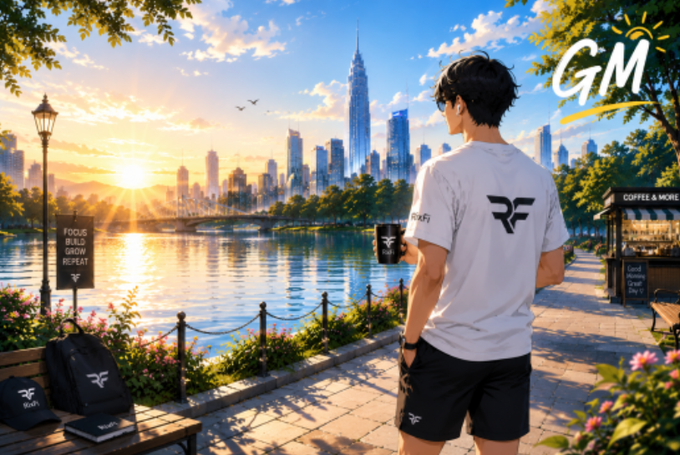 An illustrated anime-style image of a man in a white shirt holding a coffee cup, overlooking a city skyline and waterfront at sunset with a "GM" logo in the corner.