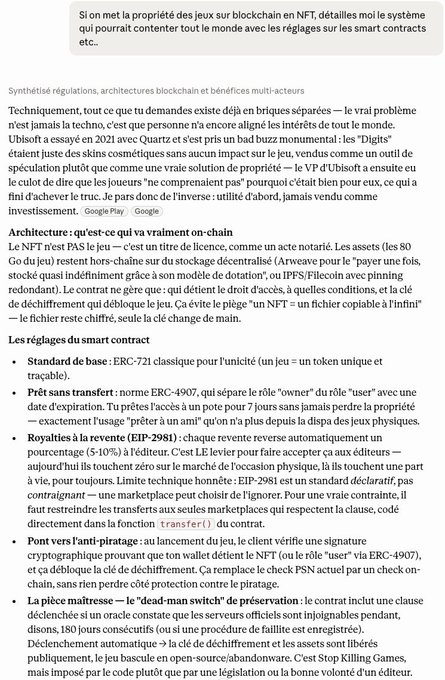 The image displays a French-language analysis detailing how blockchain-based games and NFTs could revolutionize game ownership by replacing traditional digital licensing with true on-chain asset ownership via smart contracts.