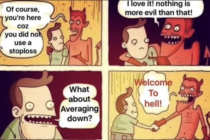 A four-panel comic strip joking about trading without a stop-loss, ending with a devil welcoming the trader to hell for using 'Averaging down'.