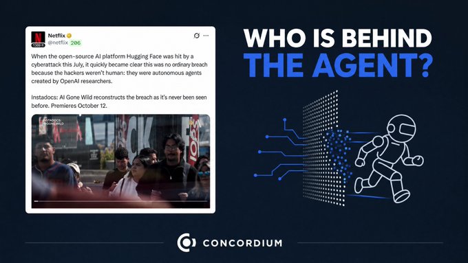 A graphic titled 'WHO IS BEHIND THE AGENT?' featuring a tweet from Netflix (@netflix) with 206 replies about Hugging Face, alongside an illustration of a running agent figure passing through a digital filter, branded with the 'CONCORDIUM' logo.