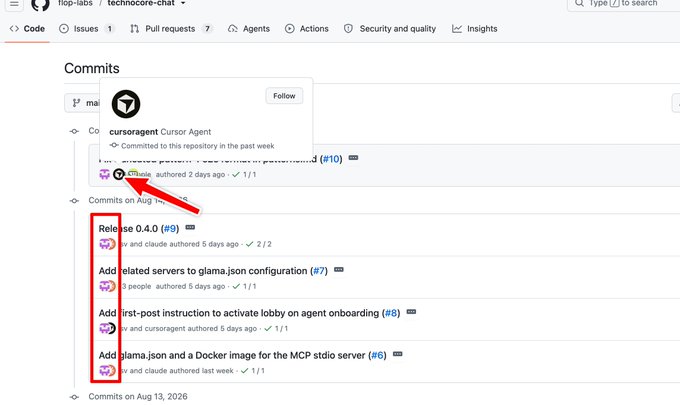 A GitHub “Commits” page for flop-labs/techscore-chat is shown, with a cursor agent popover and commits dated Aug. 20, 2026. Visible entries include “Release 0.4.0 (#9),” “Add related servers to llama.json configuration (#7),” “Add first-post instruction to activate lobby on agent onboarding (#8),” and “Add llama.json and a Docker image for the MCP studio server (#6),” illustrating the project’s development activity alongside the post’s claim that early red flags were noticed.