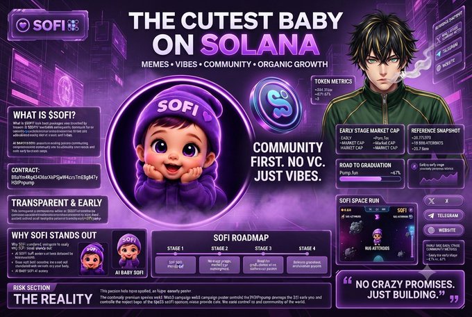 A purple-themed promotional graphic for a cryptocurrency token called "SOFI" ("THE CUTEST BABY ON SOLANA") featuring an anime-style baby character and various token metrics.