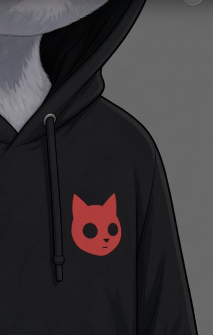 An anime-style illustration of a character wearing a black hoodie featuring a red cat logo.
