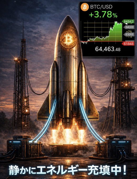 A dramatic image of a rocket emblazoned with the Bitcoin logo launching at sunset, with an overlay showing BTC/USD at +3.78% and $64,463.48, and Japanese text at the bottom reading '静かにエネルギー充填中！'.