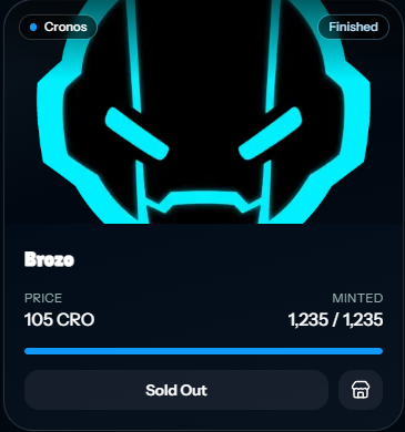A Cronos NFT marketplace listing for an item called 'Brezo' priced at 105 CRO, showing 1,235 of 1,235 minted and marked as 'Sold Out'.