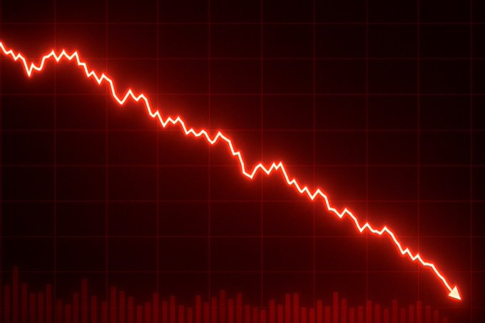 A digital stock chart displays a glowing red downward-trending line on a dark grid background, indicating a significant market decline.