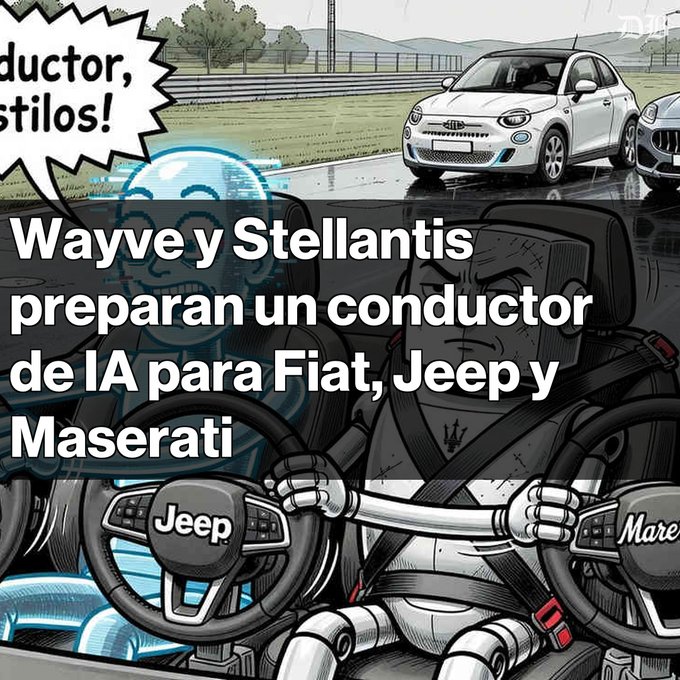 An anime-style illustration with Spanish text reading 'Wayve y Stellantis preparan un conductor de IA para Fiat, Jeep y Maserati', showing a stylized character driving with Jeep and Maserati logos on the steering wheels.