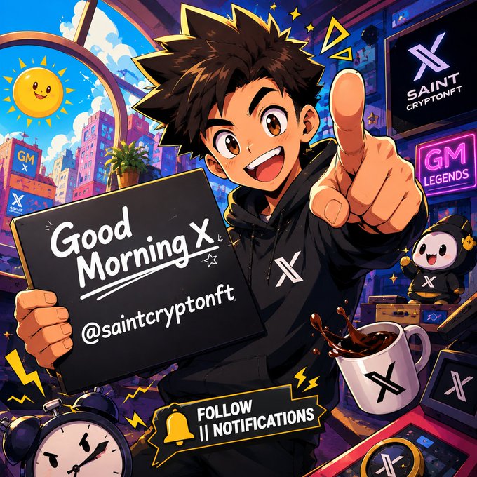An anime-style promotional graphic features a spiky-haired character pointing forward while holding a "Good Morning X" sign, with the handle "@saintcryptonft" and a "FOLLOW || NOTIFICATIONS" banner.