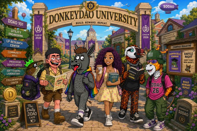 Colorful cartoon illustration of 'DONKEYDAO UNIVERSITY' featuring various mascot characters (donkey, giraffe, panda, tiger) with banners reading 'DDAO 101', 'UTILITY ENGINEERING', 'LP RESEARCH CENTER', 'CLASS OF 2026', and 'BUILD. REWARD. REPEAT.'