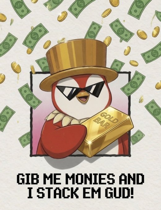 A cartoon penguin wearing sunglasses and a top hat holds a "GOLD BAR" amid falling cash and coins, with the caption "GIB ME MONIES AND I STACK EM GUD!" — playfully reinforcing the post's hype about a $1M creator payout opportunity on X.