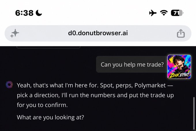 A mobile browser screenshot of d0.donutbrowser.ai showing a chat with an AI trading assistant branded 'Zeus Effect' that offers help with spot trades, perps, and Polymarket positions.