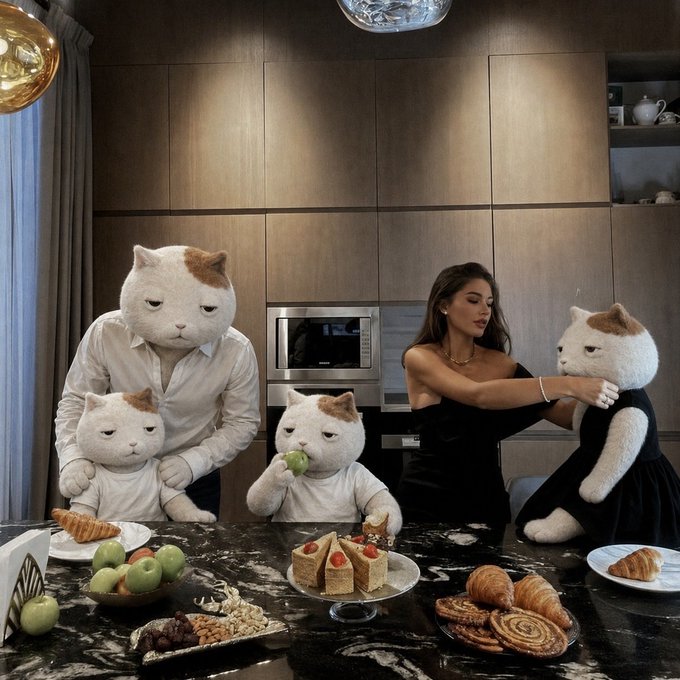 A woman in a black dress sits at a marble kitchen table with four plush cat figures, surrounded by pastries, croissants, green apples, and a small cake.