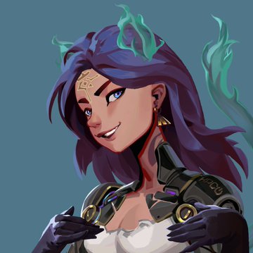 Digital artwork of a purple-haired fantasy character with glowing blue horns and a smirk, wearing dark armor with gold accents.