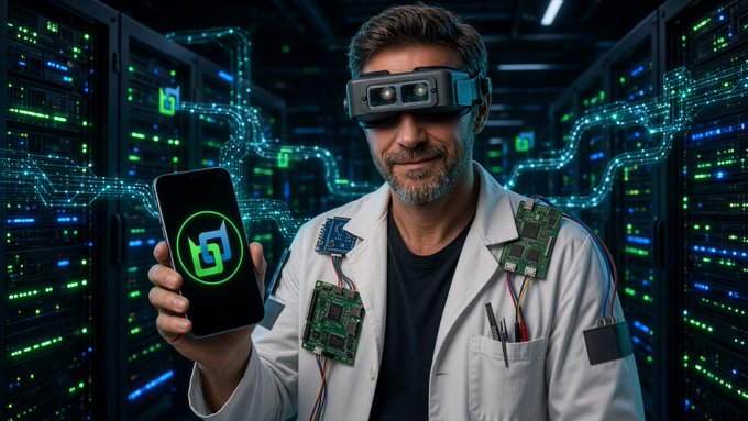 A man in a lab coat wearing a VR headset, holding a smartphone with a green logo, standing in a server room with circuit boards attached to his coat.