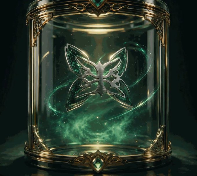 A glowing green butterfly emblem encased in an ornate glass and gold cylindrical container.