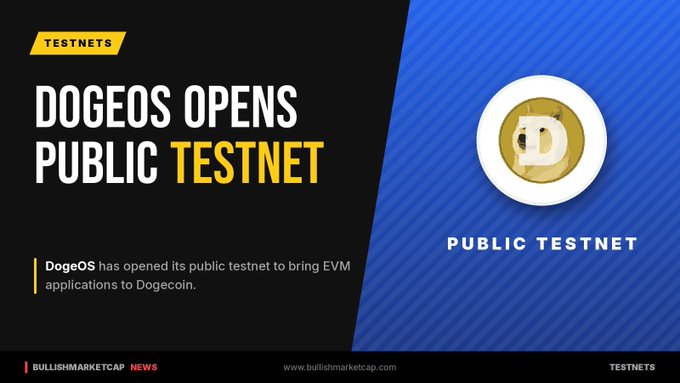 A promotional banner for "DogeOS" announcing it has "OPENS PUBLIC TESTNET" to bring EVM applications to Dogecoin, with the Dogecoin logo on the right.