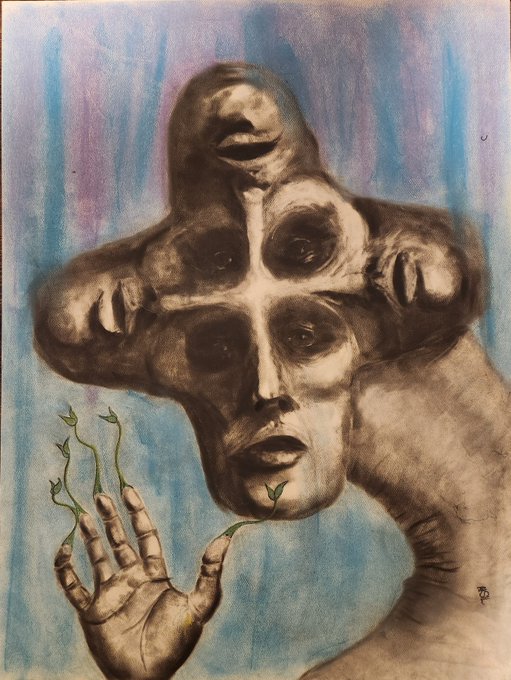 A surreal, textured artwork depicts a multi-eyed, mushroom-shaped figure with a human-like face, alongside a hand holding small green sprouts against a blue and purple watercolor background.
