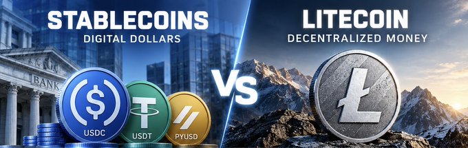 A promotional graphic comparing 'STABLECOINS - DIGITAL DOLLARS' (USDC, USDT, PYUSD) versus 'LITECOIN - DECENTRALIZED MONEY', featuring a large Litecoin coin against a mountain backdrop.