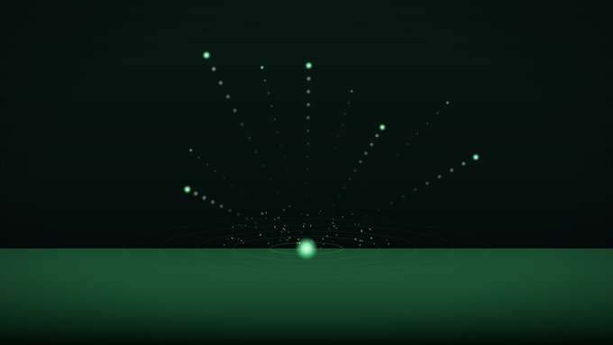 A glowing green sphere sits on a dark surface, emitting streams of particles outward like ripples in a pond, visually representing the "self-deepening pond" liquidity concept described in the post about the POND token launcher going live on Robinhood Chain.