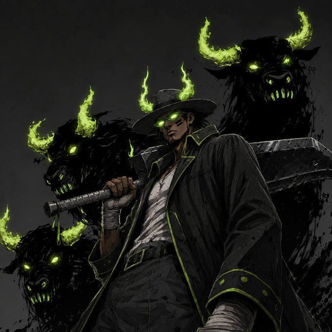 A dark, stylized illustration depicts a shadowy gunslinger in a wide-brimmed hat with glowing green eyes, flanked by menacing horned bull silhouettes emitting green flame, evoking a fierce, untamed energy. The imagery of a lone, otherworldly figure rallying powerful demonic forces mirrors the post's triumphant tone about defying doubters and rapidly igniting a crypto movement around "$ANSEM."