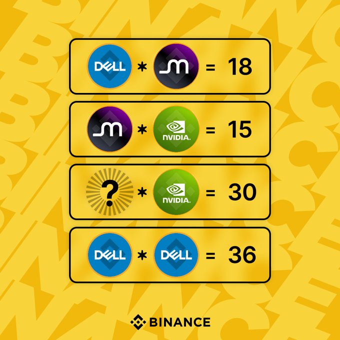 A yellow promotional graphic featuring math equations using company logos: 'DELL * m = 18', 'm * NVIDIA = 15', '? * NVIDIA = 30', and 'DELL * DELL = 36', with the Binance logo at the bottom.