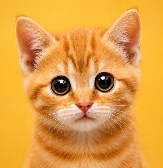 A close-up portrait of an orange tabby kitten with large eyes against a yellow background.