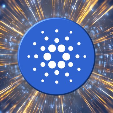 The blue Cardano (ADA) cryptocurrency logo centered against a dynamic background of radiating light streaks.