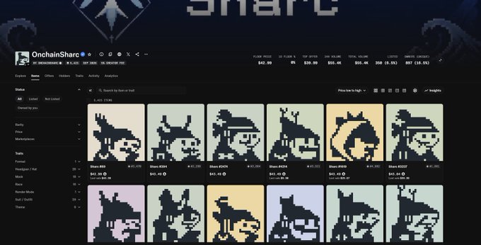 The OnchainShare Shark2 NFT collection marketplace page displaying floor prices ranging from $42.99 to $89.48 across 9,452 items, with various Shark2 pixel art NFT listings shown at $42.49-44.49, illustrating the user's lament about the collection's 9% price decline (down $35.96) to a 42Ξ floor.